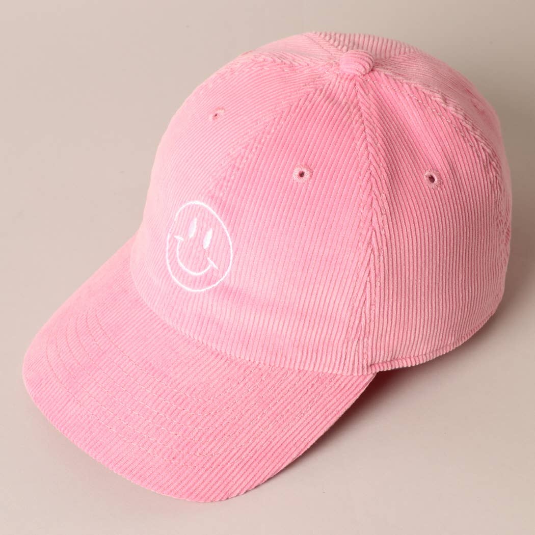 Happy Face Embroidered Corduroy Baseball Cap