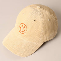 Happy Face Embroidered Corduroy Baseball Cap