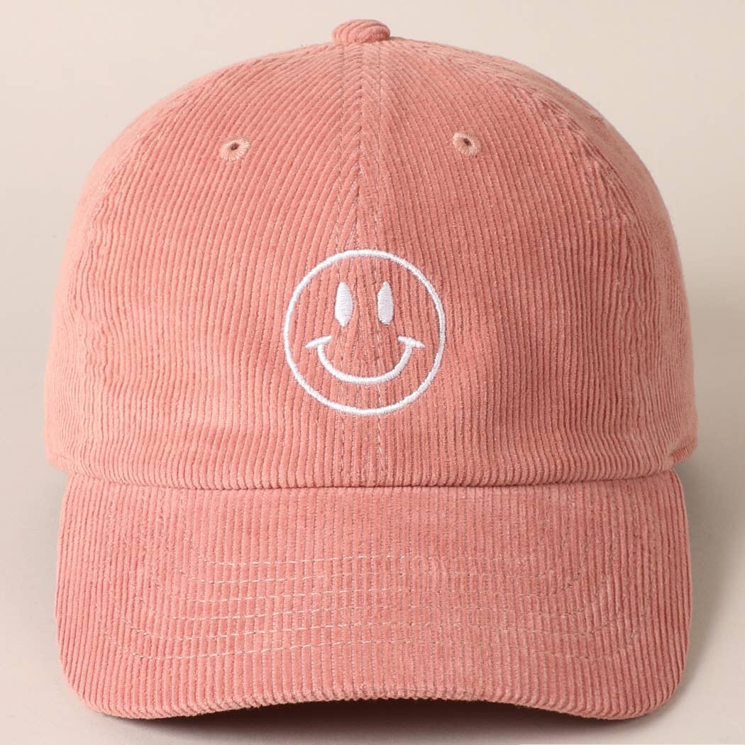 Happy Face Embroidered Corduroy Baseball Cap