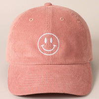 Happy Face Embroidered Corduroy Baseball Cap