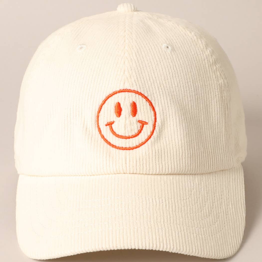 Happy Face Embroidered Corduroy Baseball Cap