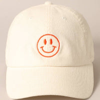 Happy Face Embroidered Corduroy Baseball Cap