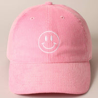 Happy Face Embroidered Corduroy Baseball Cap