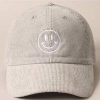 Happy Face Embroidered Corduroy Baseball Cap