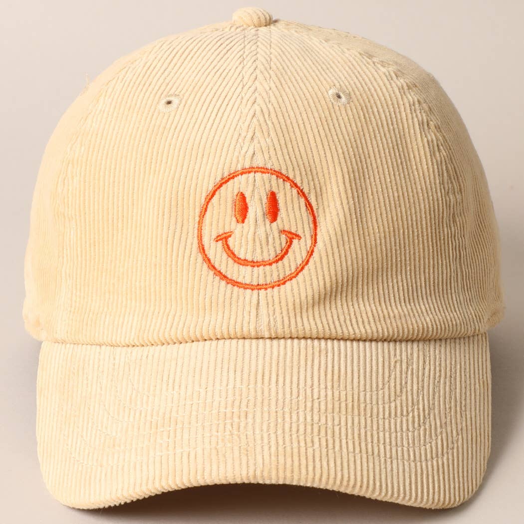 Happy Face Embroidered Corduroy Baseball Cap