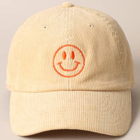 Happy Face Embroidered Corduroy Baseball Cap