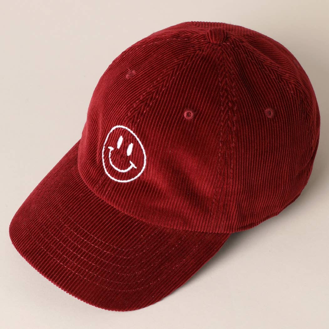 Happy Face Embroidered Corduroy Baseball Cap