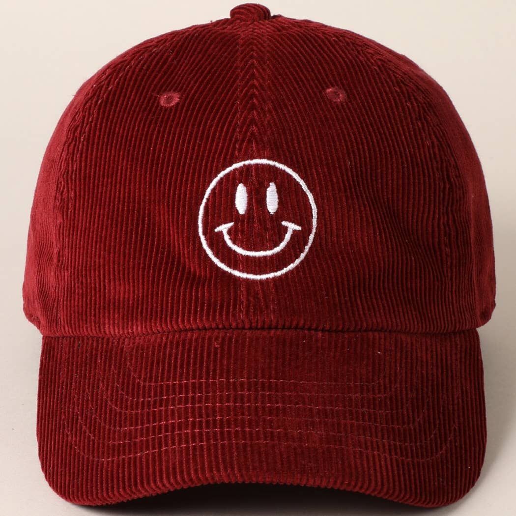 Happy Face Embroidered Corduroy Baseball Cap