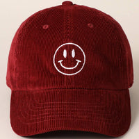 Happy Face Embroidered Corduroy Baseball Cap