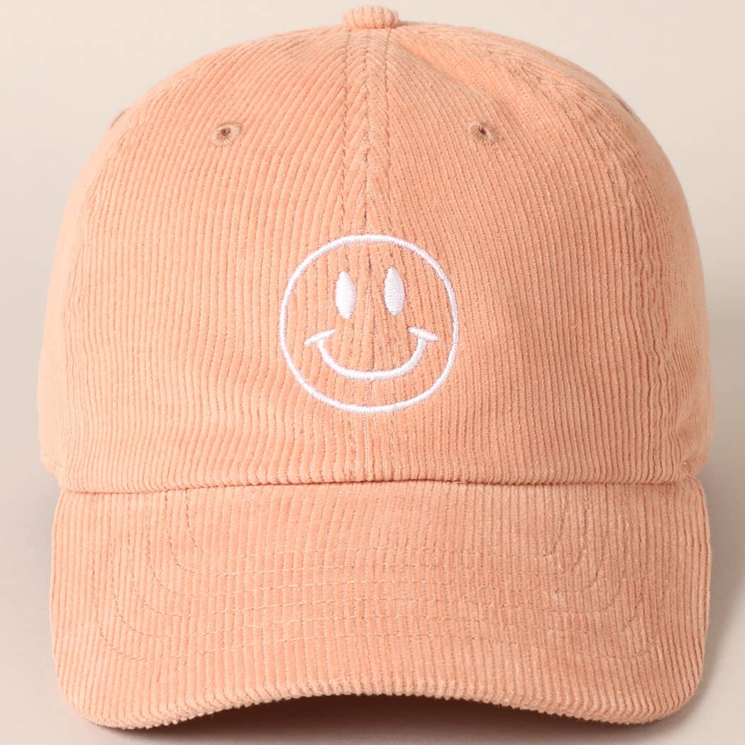 Happy Face Embroidered Corduroy Baseball Cap
