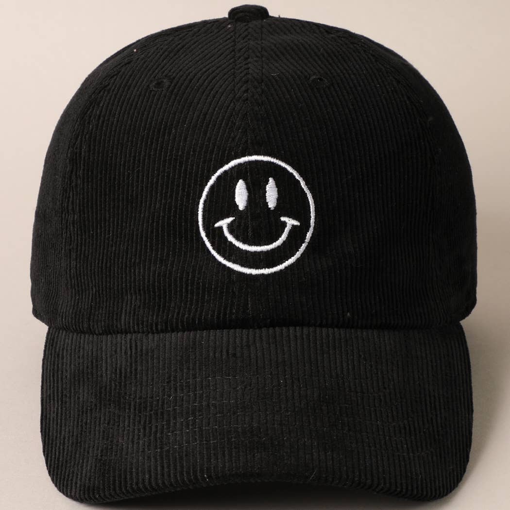 Happy Face Embroidered Corduroy Baseball Cap
