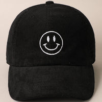 Happy Face Embroidered Corduroy Baseball Cap