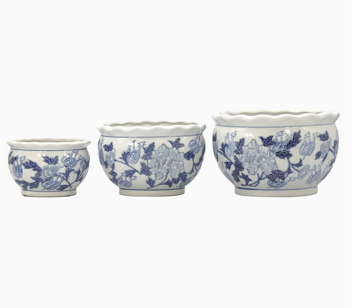 Ceramic Chinoiserie Planter Pot - White and Blue