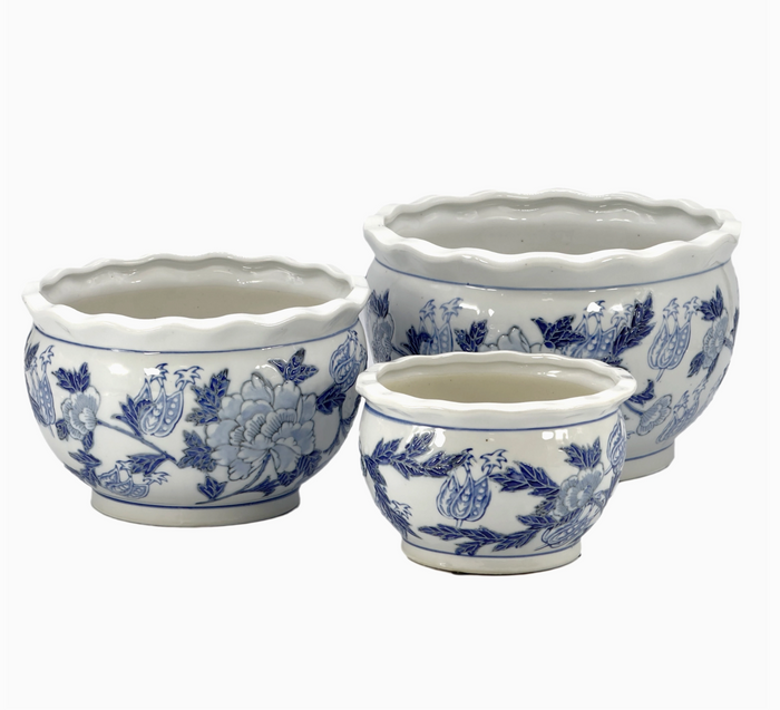 Ceramic Chinoiserie Planter Pot - White and Blue