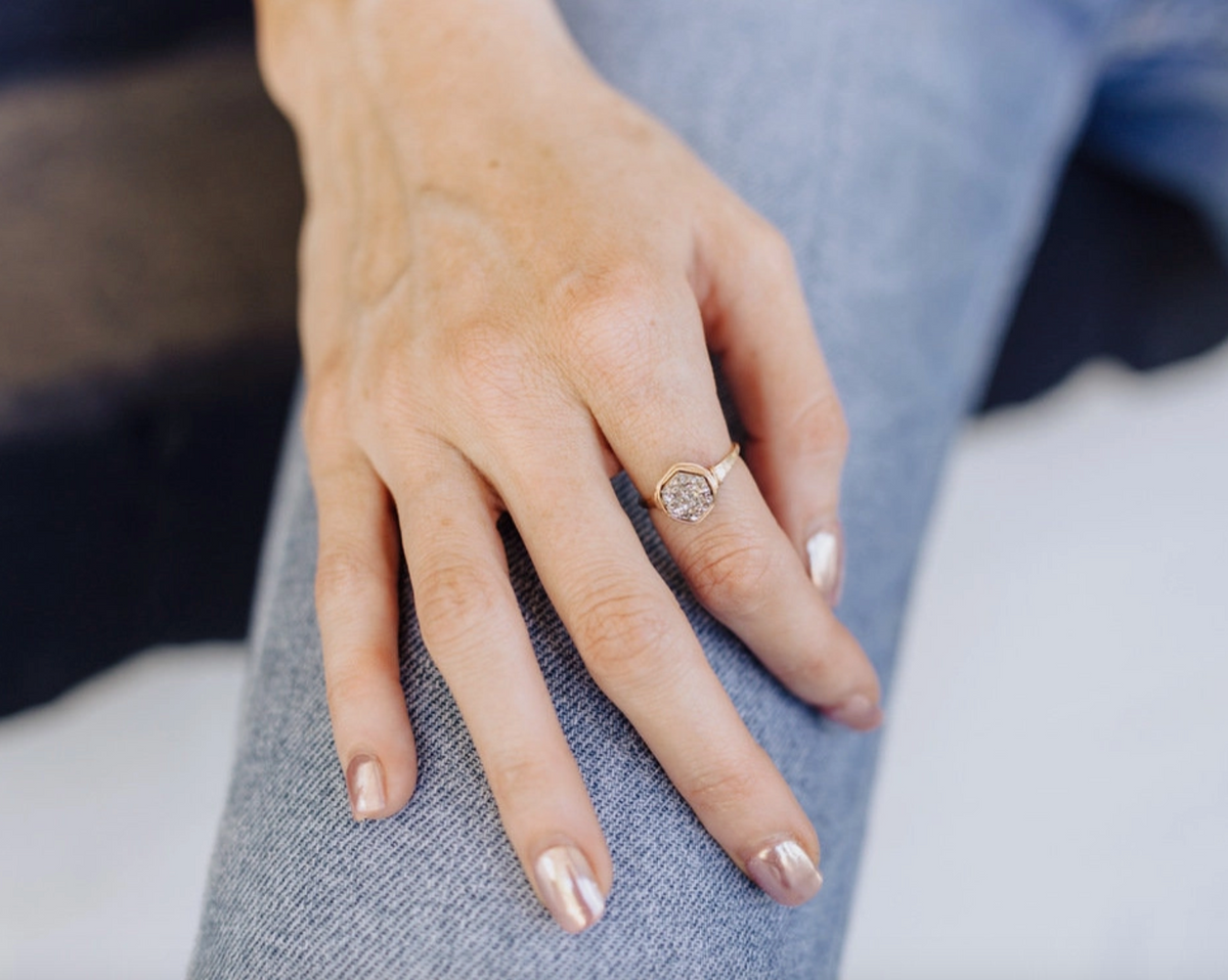 Druzy Hexagon Platinum Ring - 14k Gold Fill