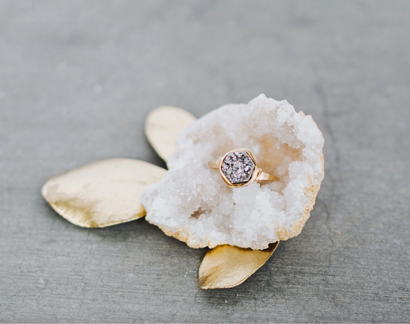 Druzy Hexagon Platinum Ring - 14k Gold Fill
