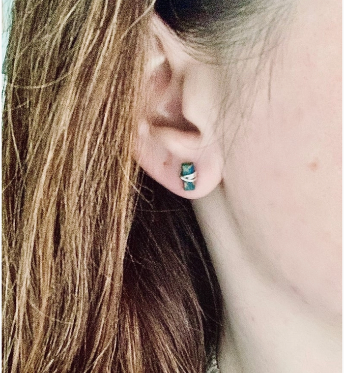 Labradorite Baguette Studs - 14k Rose Gold Fill