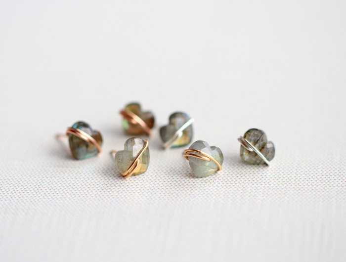 Labradorite Heart Studs - 14k Rose Gold Filled