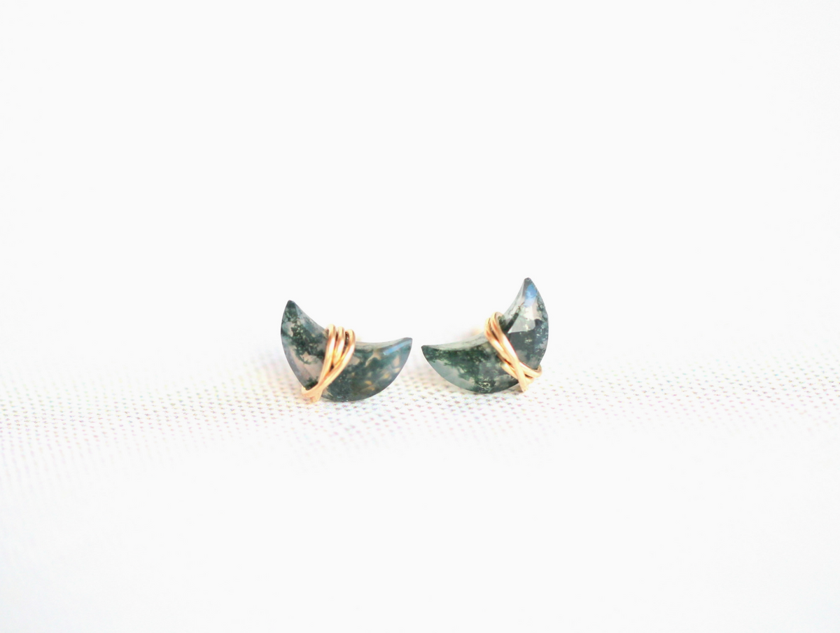 Moss Agate Moonbeam + Stardust Studs - 14K Gold Filled