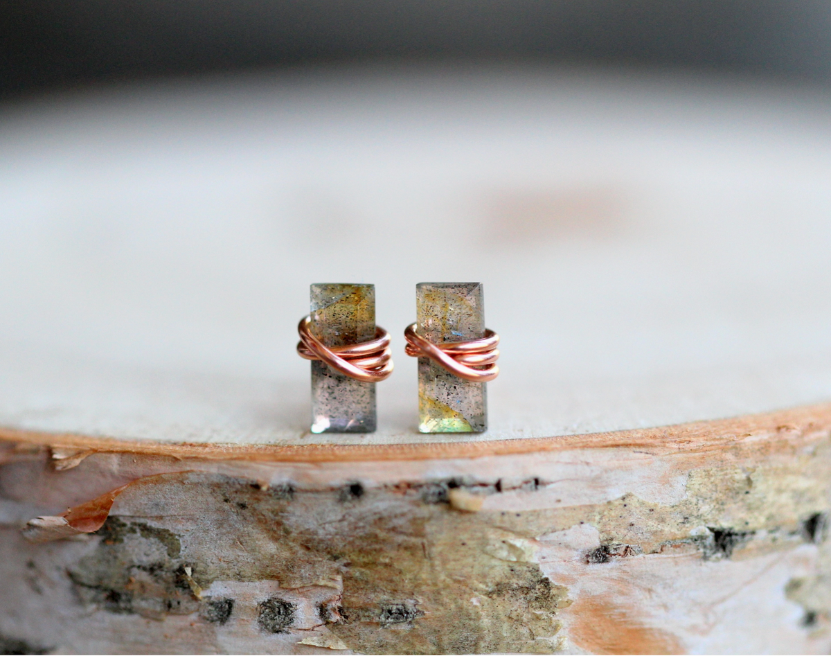 Labradorite Baguette Studs - 14k Rose Gold Fill