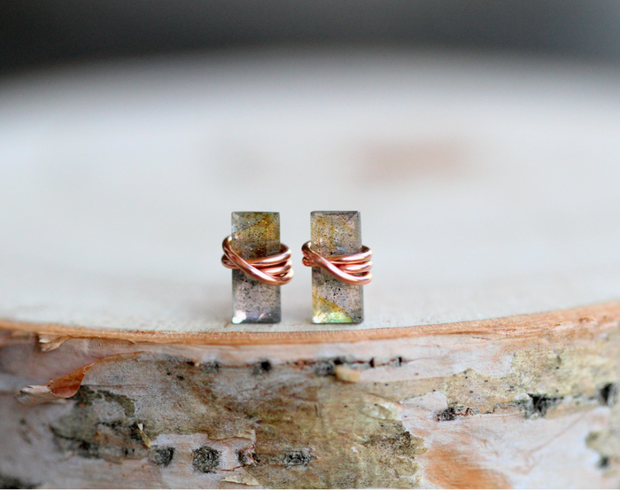 Labradorite Baguette Studs - 14k Rose Gold Fill