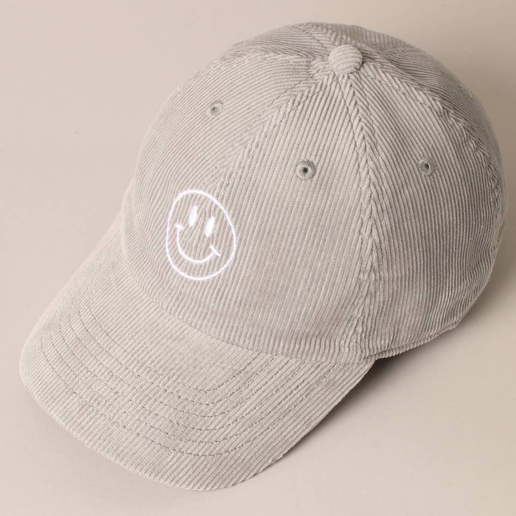 Happy Face Embroidered Corduroy Baseball Cap