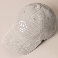 Happy Face Embroidered Corduroy Baseball Cap