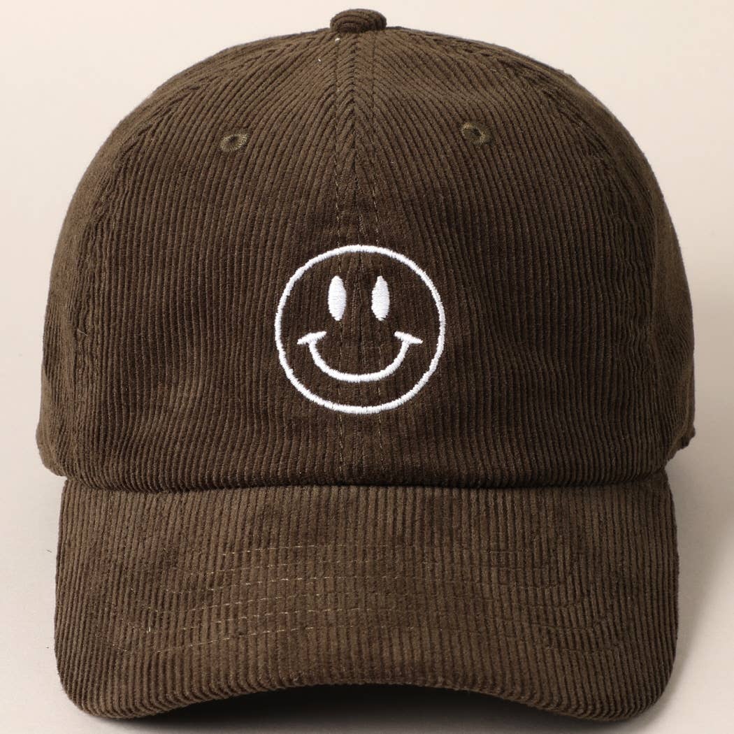 Happy Face Embroidered Corduroy Baseball Cap