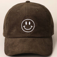Happy Face Embroidered Corduroy Baseball Cap