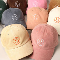 Happy Face Embroidered Corduroy Baseball Cap