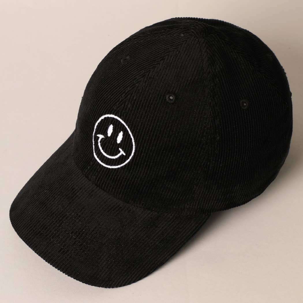 Happy Face Embroidered Corduroy Baseball Cap