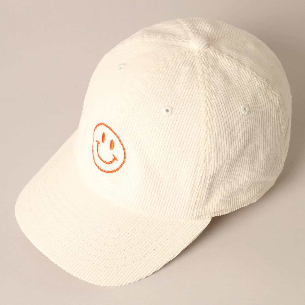Happy Face Embroidered Corduroy Baseball Cap