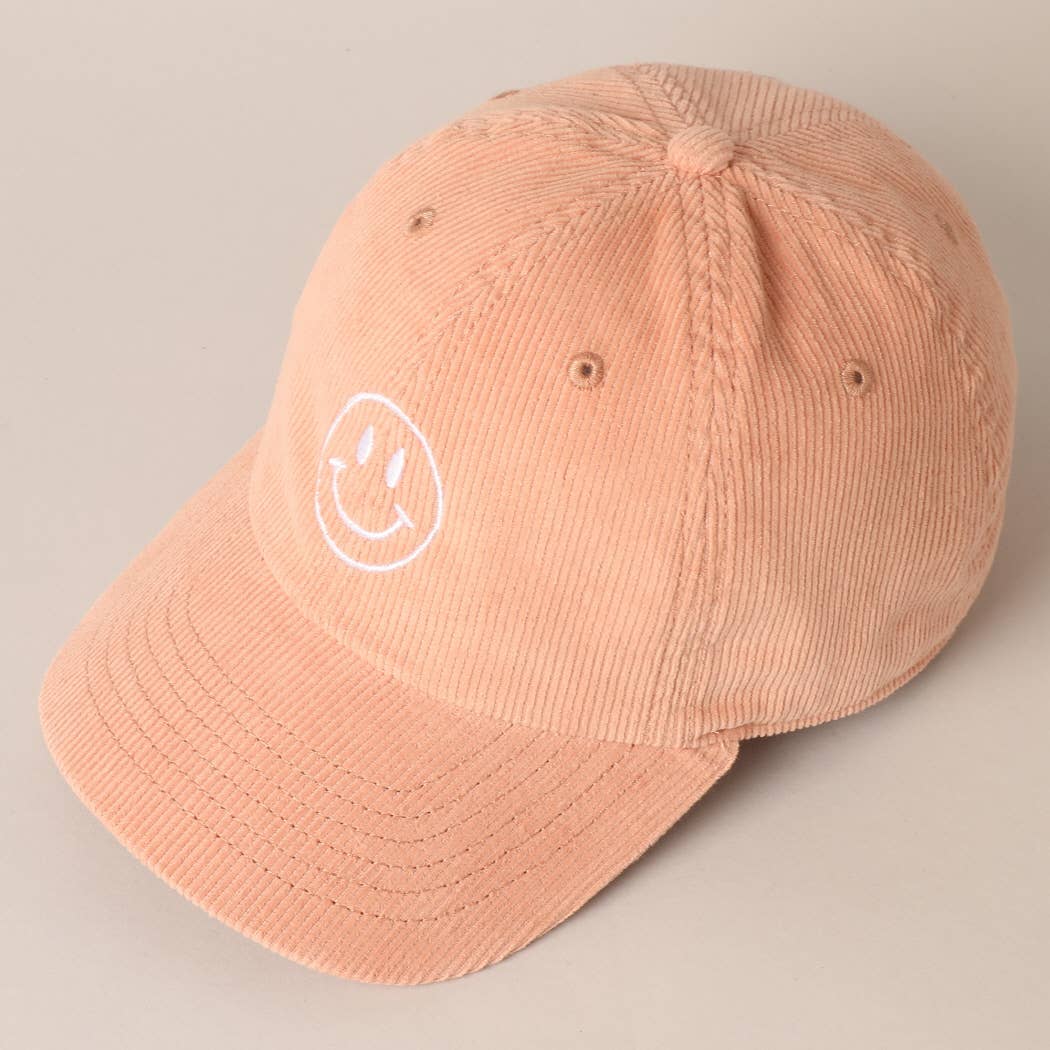 Happy Face Embroidered Corduroy Baseball Cap