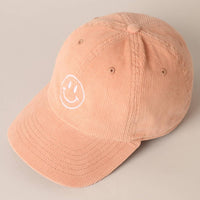 Happy Face Embroidered Corduroy Baseball Cap