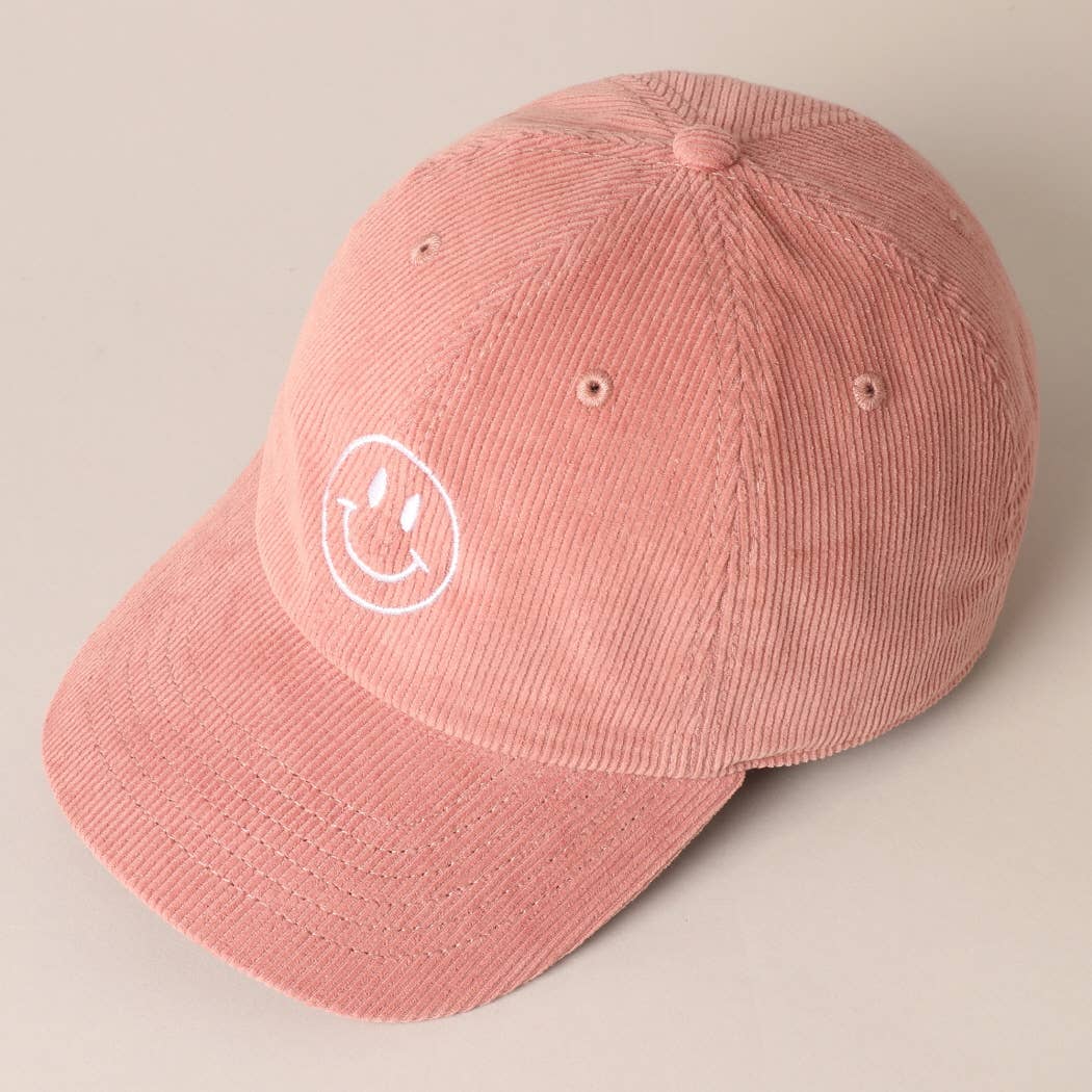Happy Face Embroidered Corduroy Baseball Cap