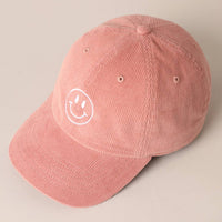 Happy Face Embroidered Corduroy Baseball Cap