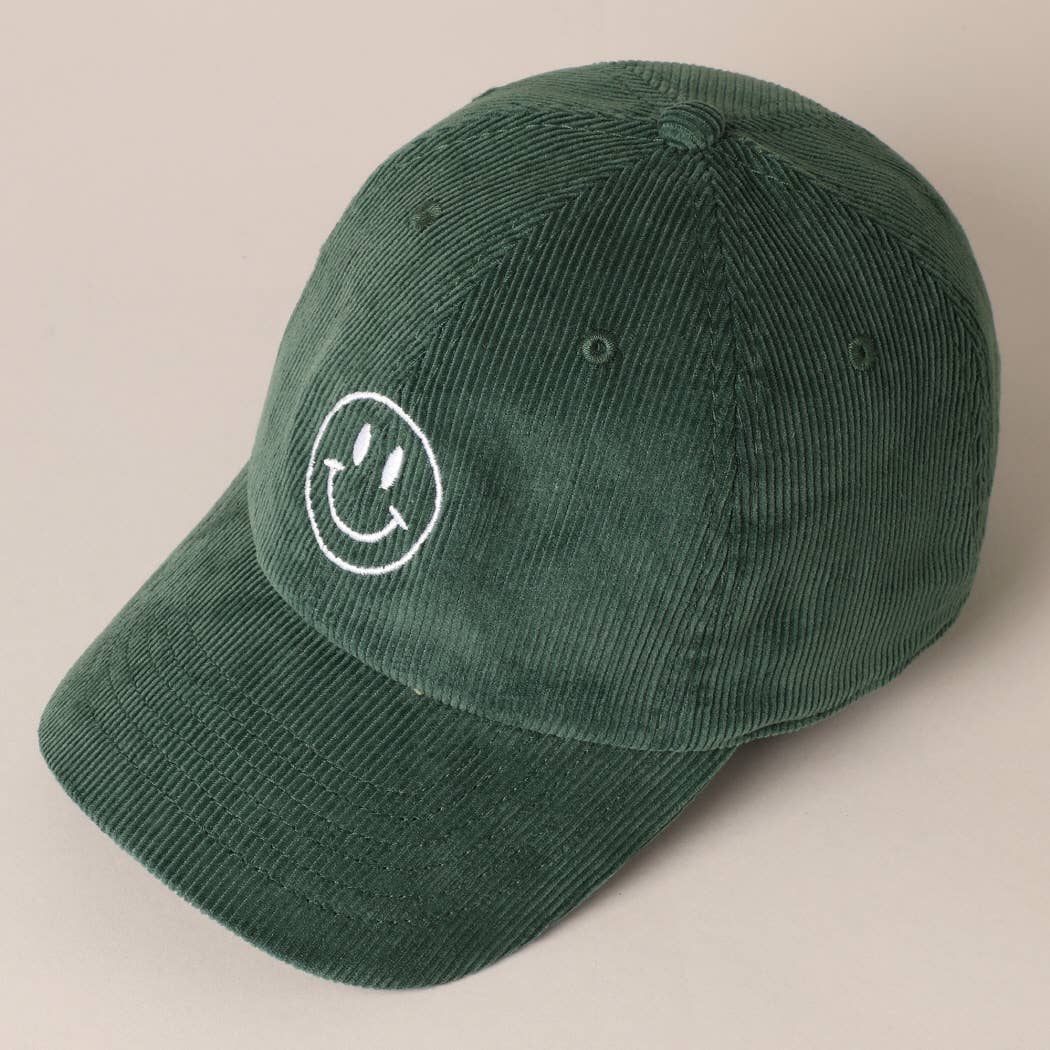 Happy Face Embroidered Corduroy Baseball Cap