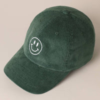 Happy Face Embroidered Corduroy Baseball Cap