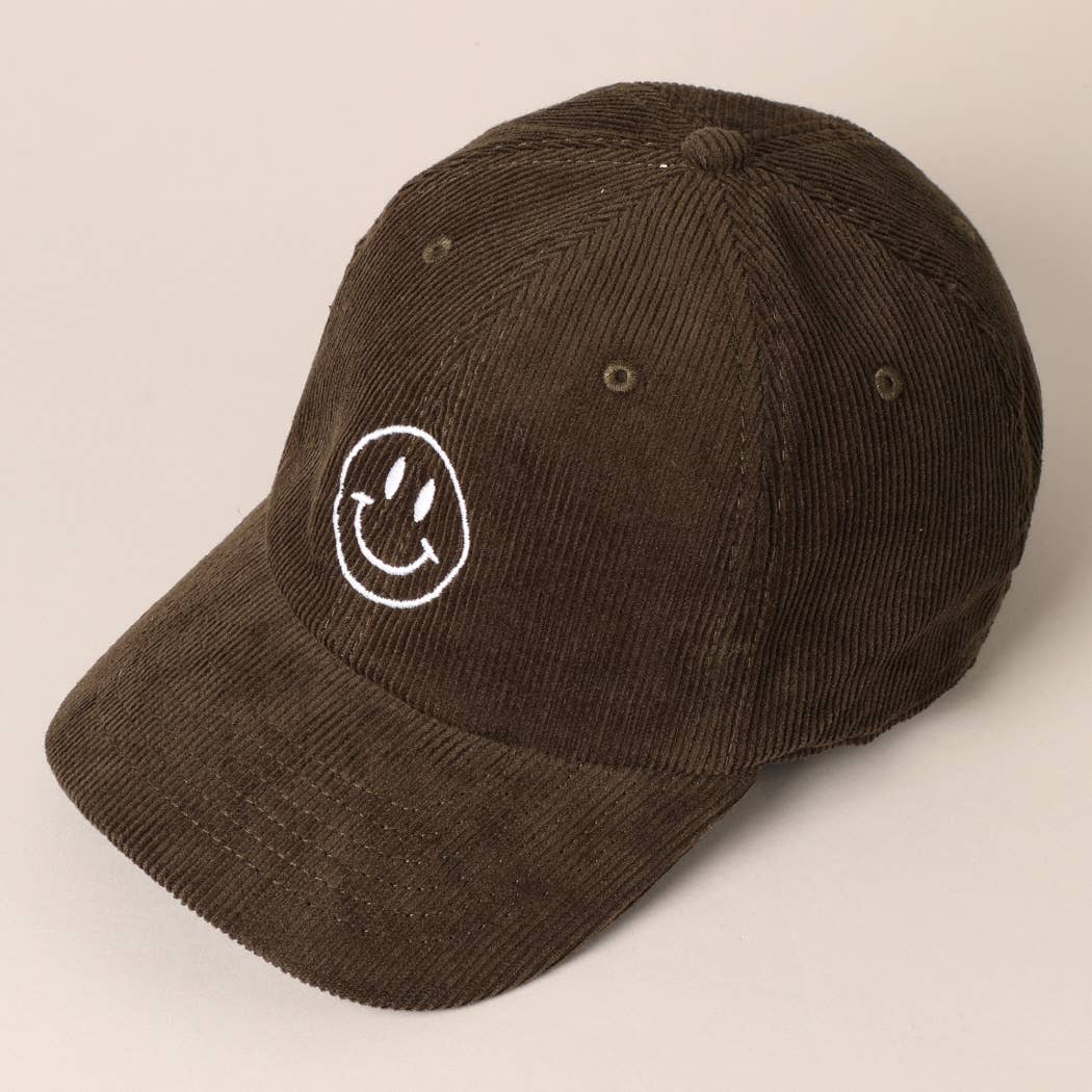 Happy Face Embroidered Corduroy Baseball Cap